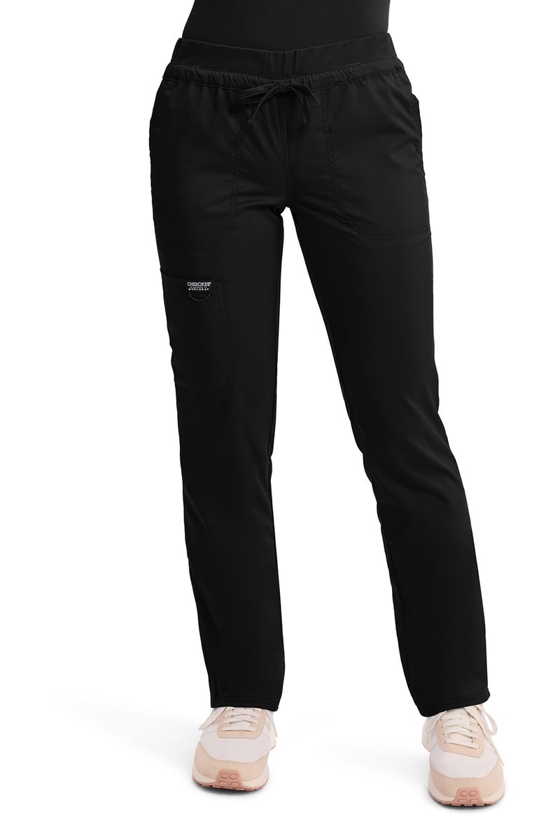Cherokee Scrubs for Women Mid Rise Tapered Leg Drawstring Pant with 5 Pockets, Cargo Bottom with 2 Way Stretch Fabric - WW105P, M Petite, Black - Image 1